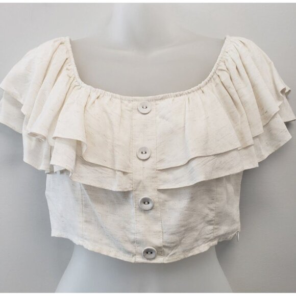 BCBGeneration Off The Shoulder Crop Top Women's XXS 2XS Ivory Ruffled Button NEW - Picture 8 of 11